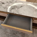 Modern Luxury TV Stand with Woven Texture Panels, Floating Center Shelf and Dark Wood Storage Compartments